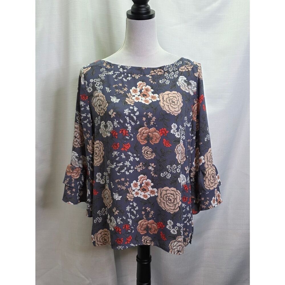 LOFT Outlet Gray Floral Ruffle Sleeve Blouse Size Small